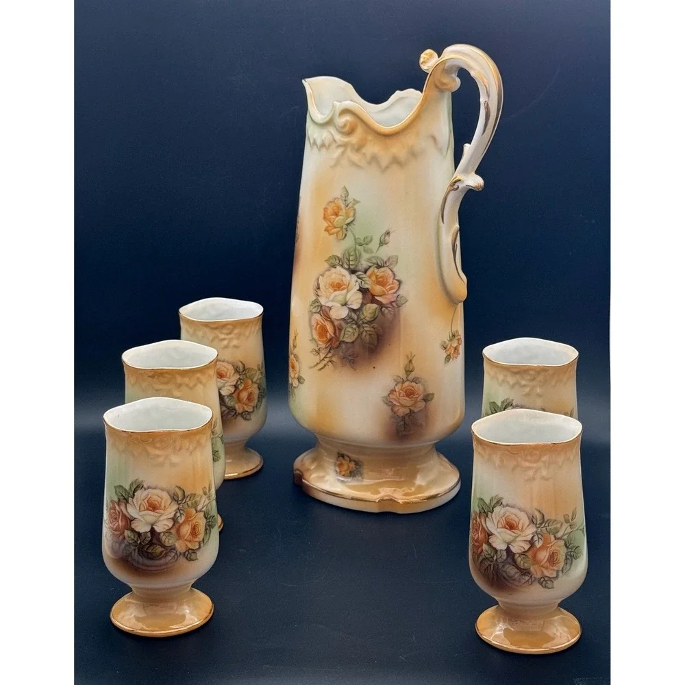 RS Wreath Stamp Porcelain Floral Chocolate‎ Set Pitcher & 5 Cups Gold Trim Roses